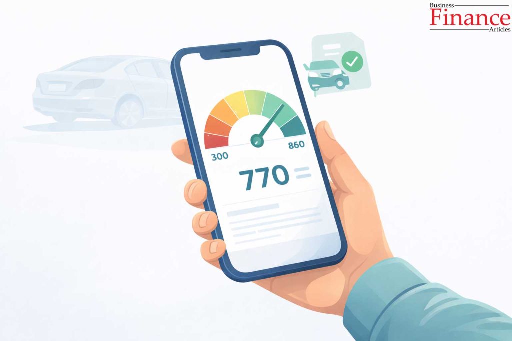 Smartphone displaying credit score gauge with car loan approval notification icon