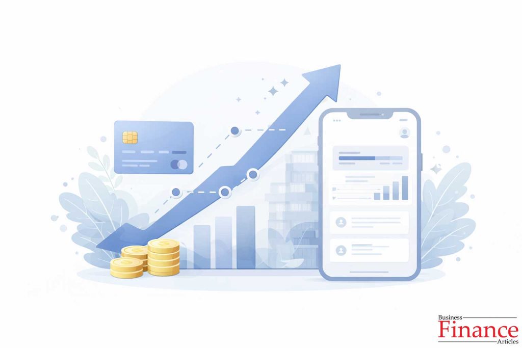 Illustration representing credit building and small business digital banking with upward progress and mobile dashboard