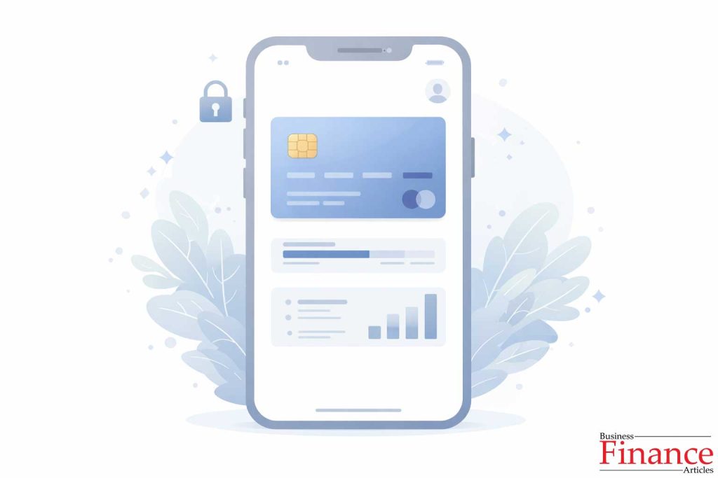 UK digital banking credit card displayed inside a smartphone app with balance tracking and secure login icons