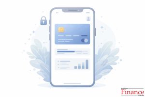 UK digital banking credit card displayed inside a smartphone app with balance tracking and secure login icons