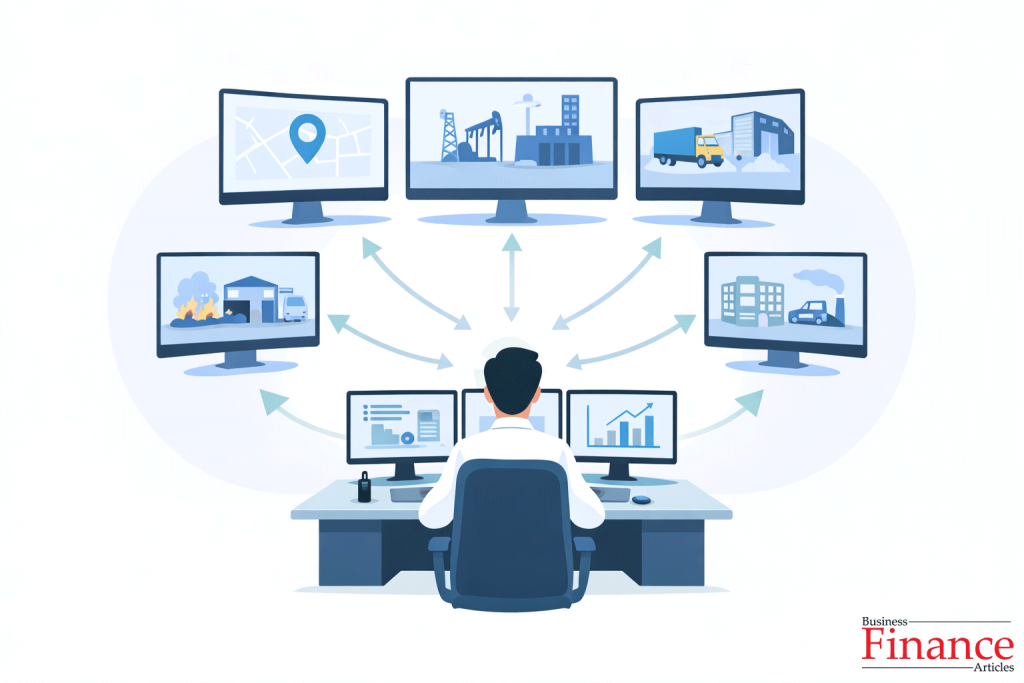 Flat illustration showing a centralized command center coordinating multiple operations during a crisis