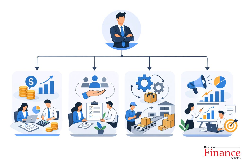 Flat illustration showing a centralized organizational hierarchy with one top authority connected to departments