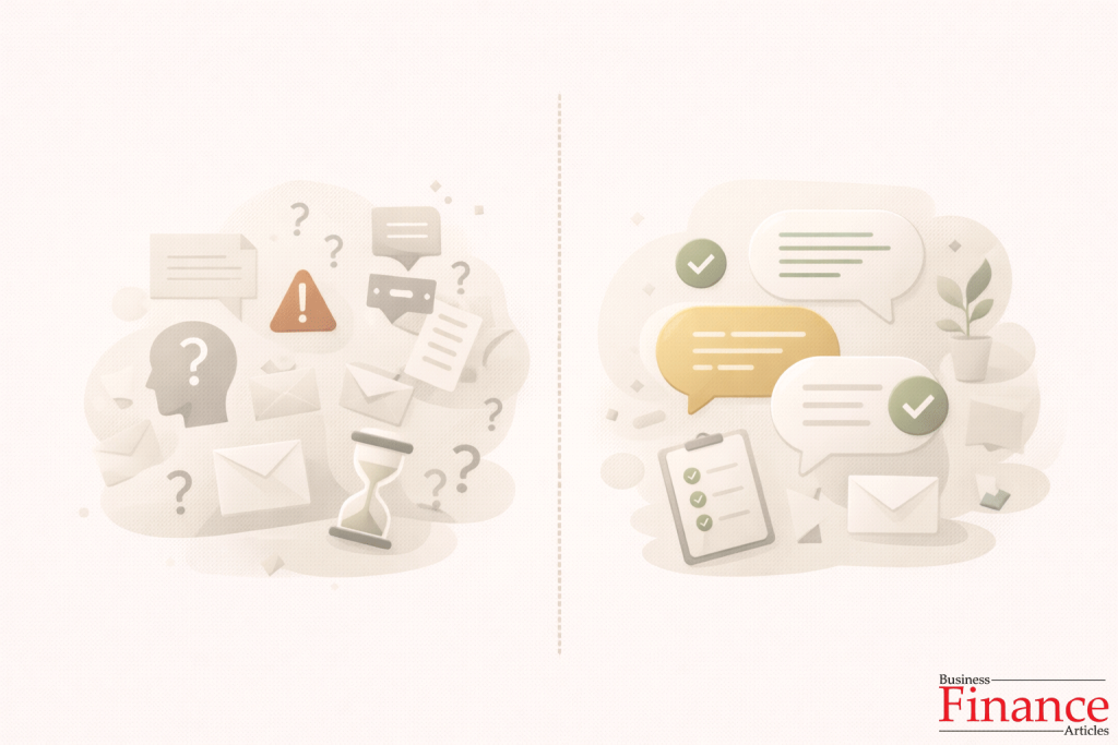 Flat illustration comparing unclear communication with clear, structured communication in a business context