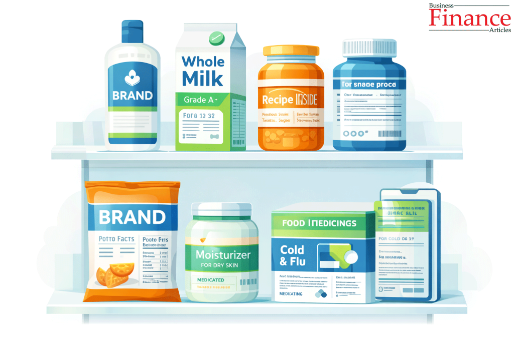 Consumer products displayed with branding and informational labels on retail shelf