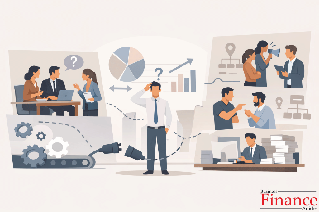 Illustration showing organizational coordination challenges with disconnected departments and communication gaps