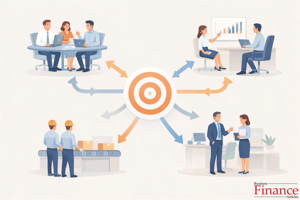 Illustration representing coordination in management with a manager aligning teams and processes into a unified workflow