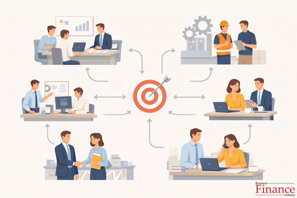 Illustration showing multiple departments in an organization working together toward a common goal through coordinated efforts