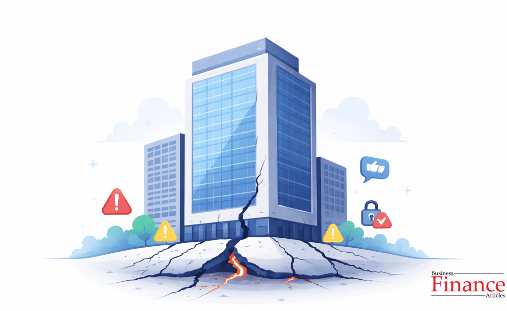 Corporate building with cracked foundation and warning icons symbolizing internal causes of reputational risk