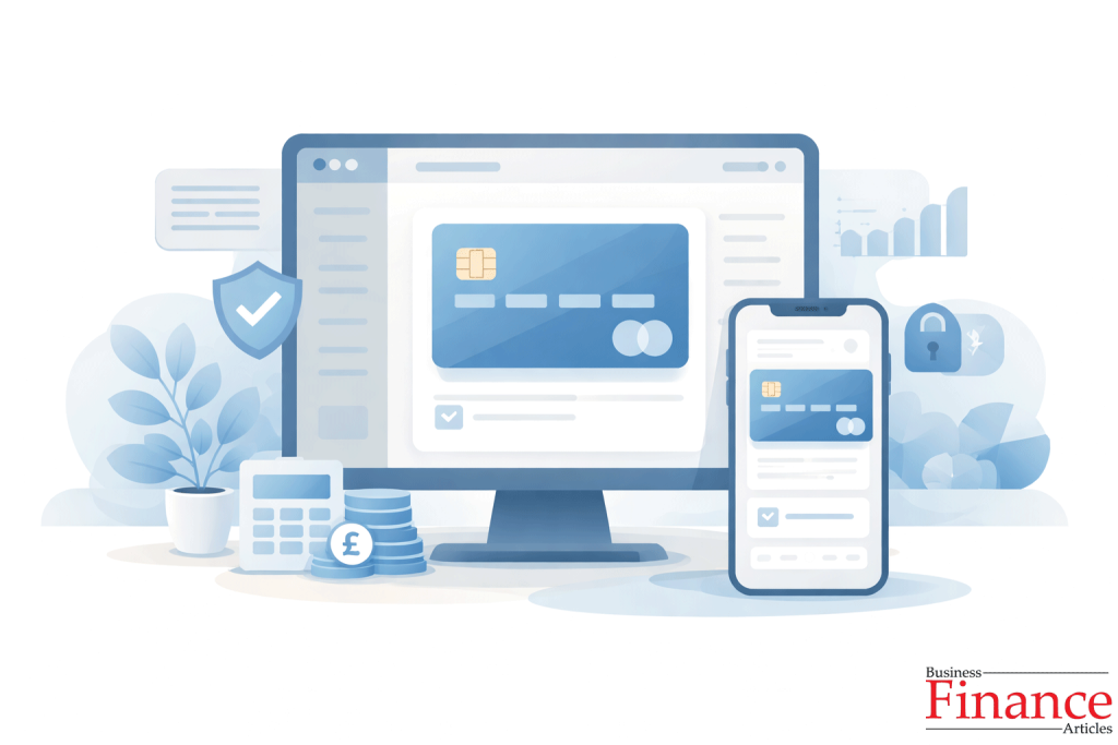 UK financial services dashboard showing a credit card on desktop and mobile screens