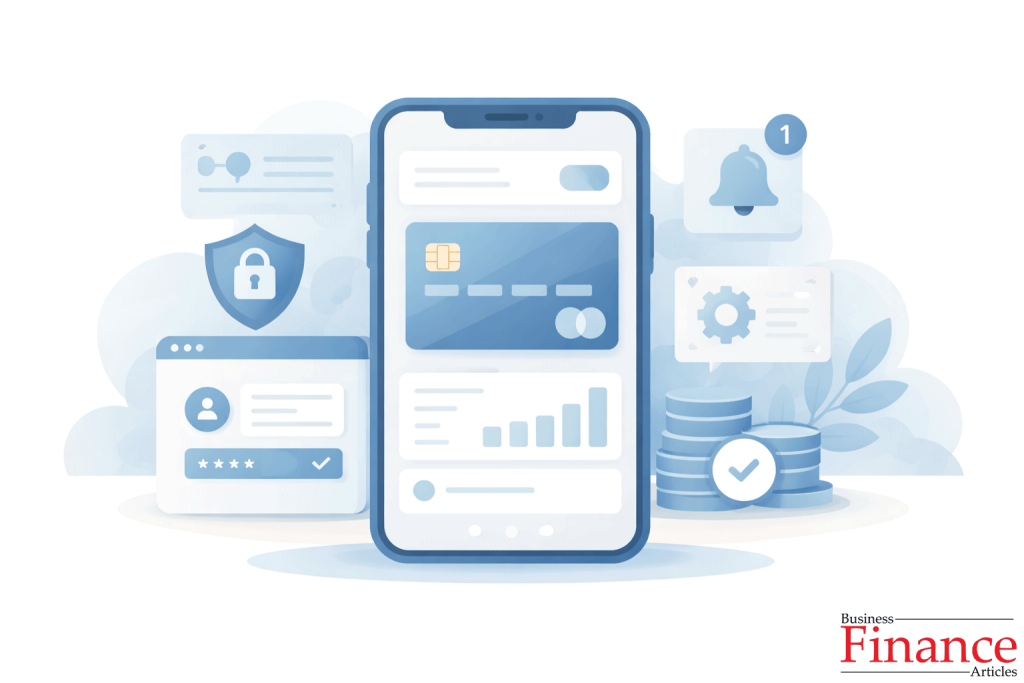Online account management interface for credit cards showing balance overview, security, and notifications