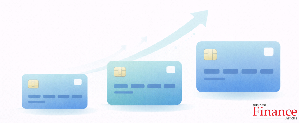 Three-stage visual progression of a credit card increasing in size with subtle upward arrows representing gradual credit improvement