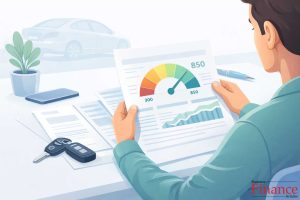 Person reviewing car loan documents with visible credit score report and car keys on desk