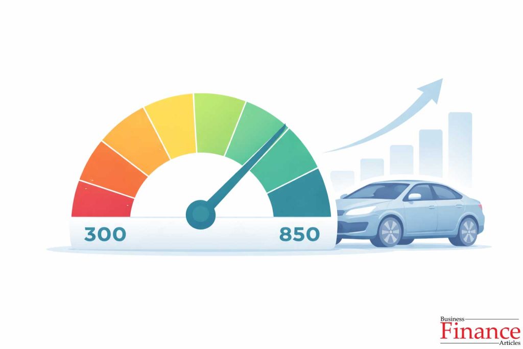 Credit score meter beside car icon showing impact of credit rating on car finance approval