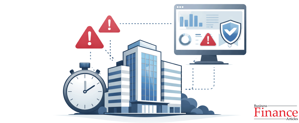 Corporate building connected to stopwatch and risk dashboard with shield symbol representing crisis response and cyber mitigation systems