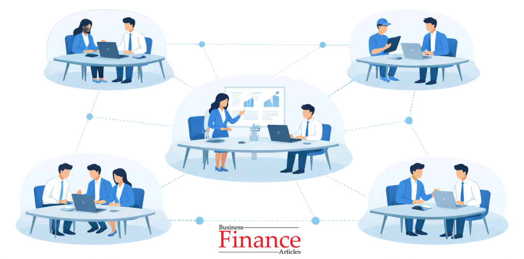 Flat illustration representing decentralized teams working independently to support innovation and agility