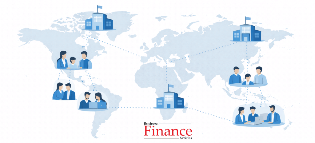Flat illustration showing decentralized regional offices responding to local market conditions