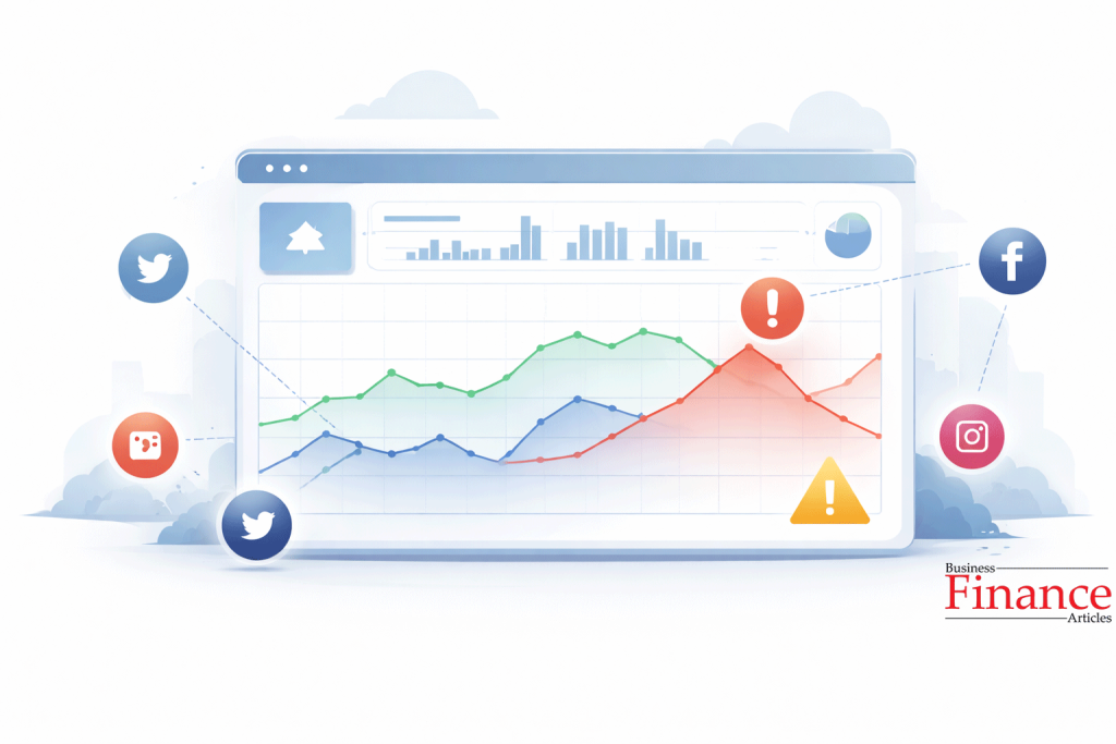 Sentiment analysis dashboard with rising and falling graph lines connected to social media icons showing negative spike alerts