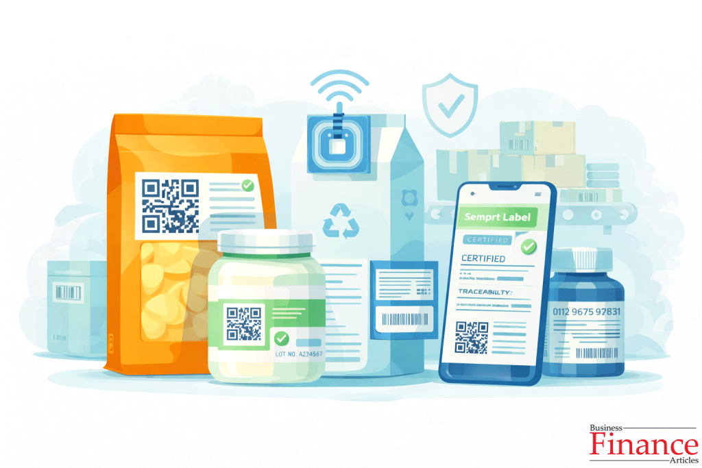 Smart labels with QR codes and RFID tags on modern product packaging