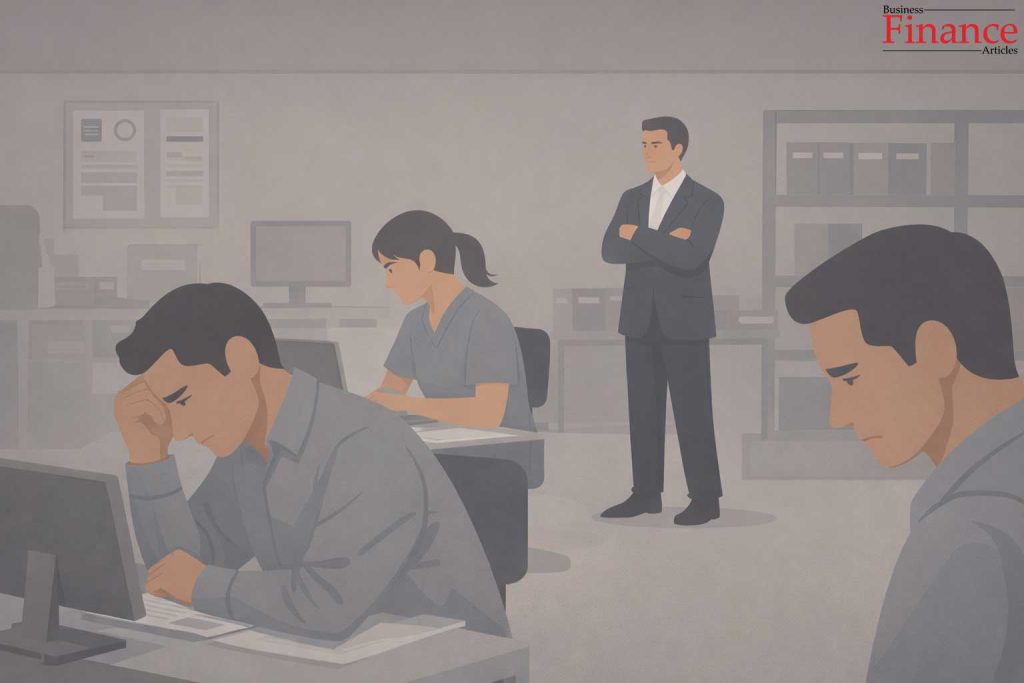 Employees appearing stressed and disengaged under strict supervision, illustrating fear-based coercive leadership