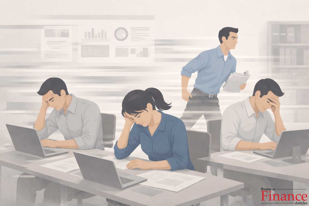 Employees appearing stressed and disengaged under constant high pressure in a pacesetting leadership environment