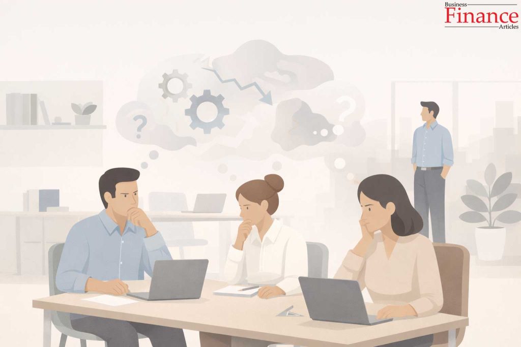 Employees appearing uncertain about execution while a leader stands at a distance in a modern office