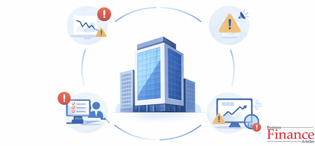 Corporate building surrounded by dashboard-style warning indicators representing early risk signals
