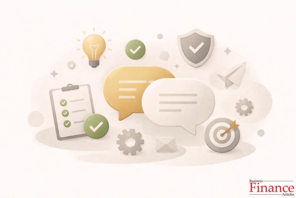 Illustration representing effective communication principles with abstract speech bubbles, clarity symbols, and checkmarks