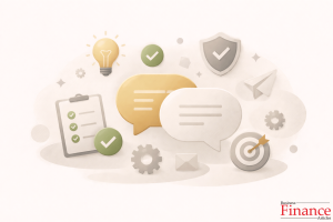 Illustration representing effective communication principles with abstract speech bubbles, clarity symbols, and checkmarks