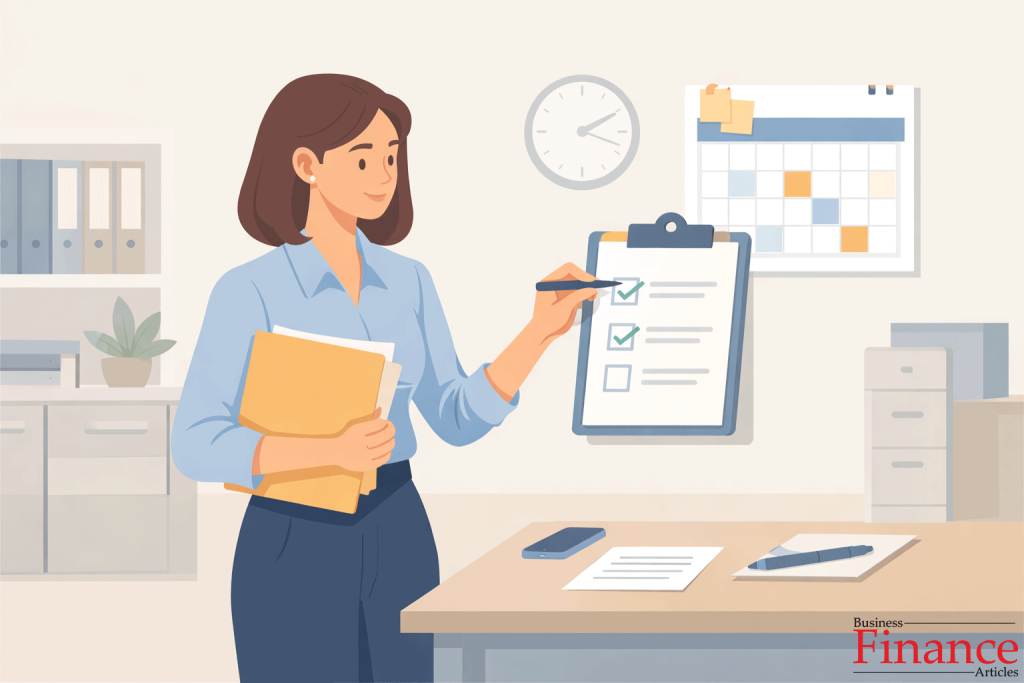 Employee confidently organizing tasks using a checklist and calendar in a professional office setting