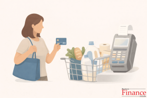 Illustration showing an everyday consumer using a credit card for routine purchases such as groceries and household items