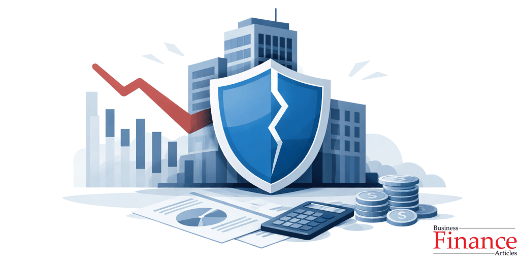 Corporate building with cracked shield and declining stock chart illustrating financial impact of reputational damage