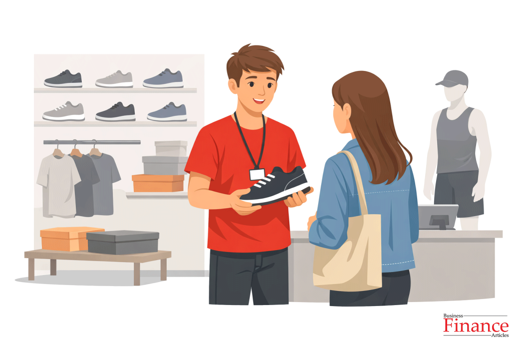 Teen employee working in a retail shoe store similar to Foot Locker environment