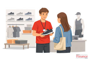 Teen employee working in a retail shoe store similar to Foot Locker environment