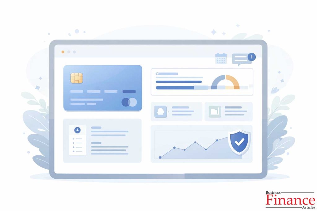 Online credit card account management dashboard showing balance tracking and payment reminders