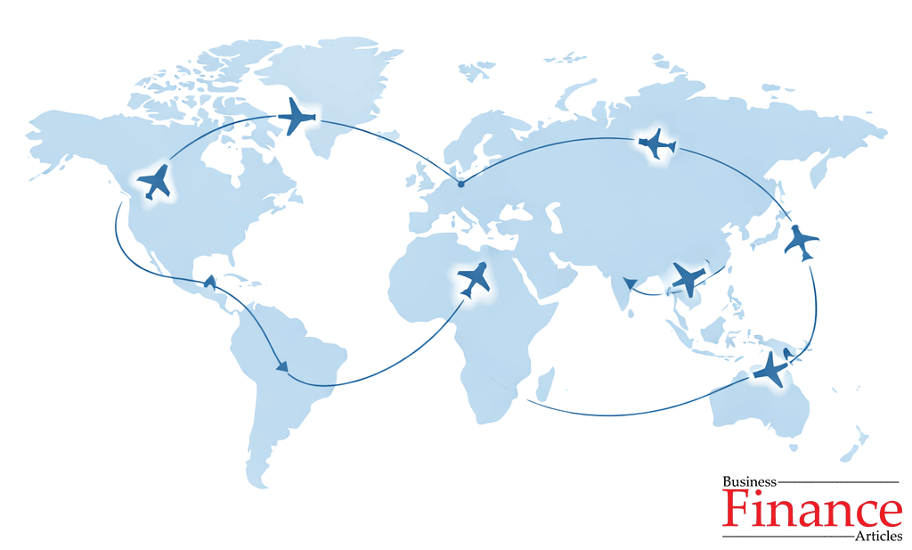 Minimal world map illustration showing international air cargo routes connecting major global regions