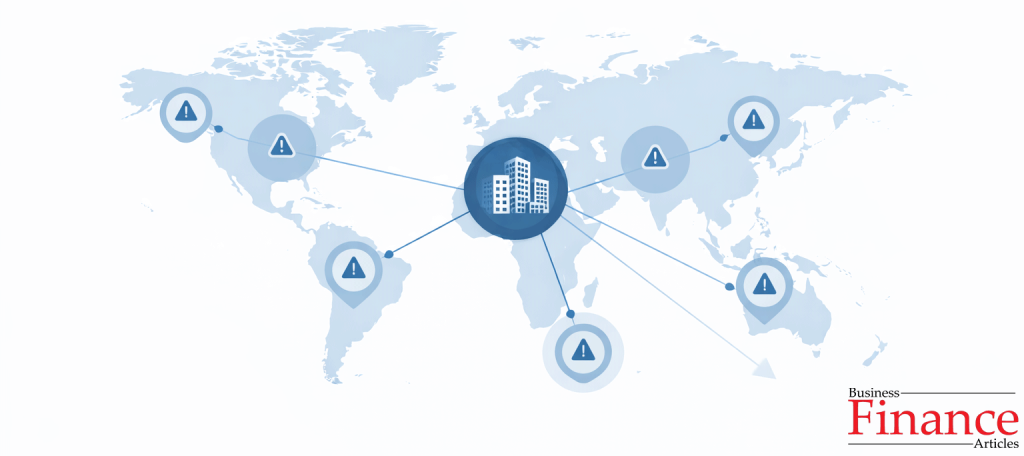 Minimal world map with connected global risk markers illustrating international reputational exposure