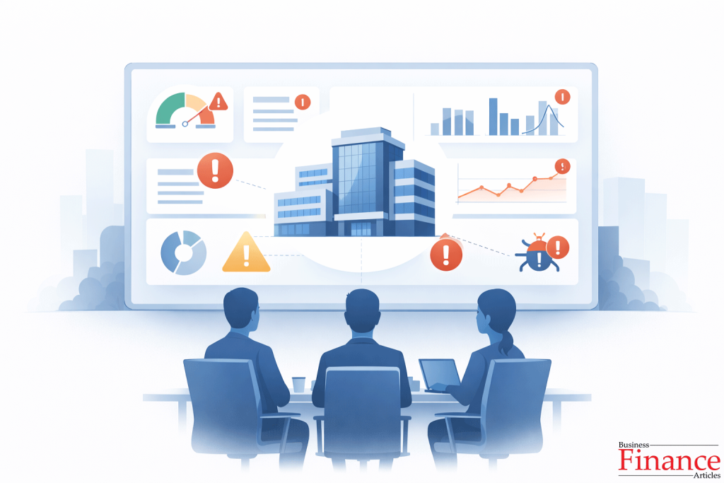 Boardroom screen displaying KPI charts and alert indicators around corporate building icon representing governance-level risk monitoring