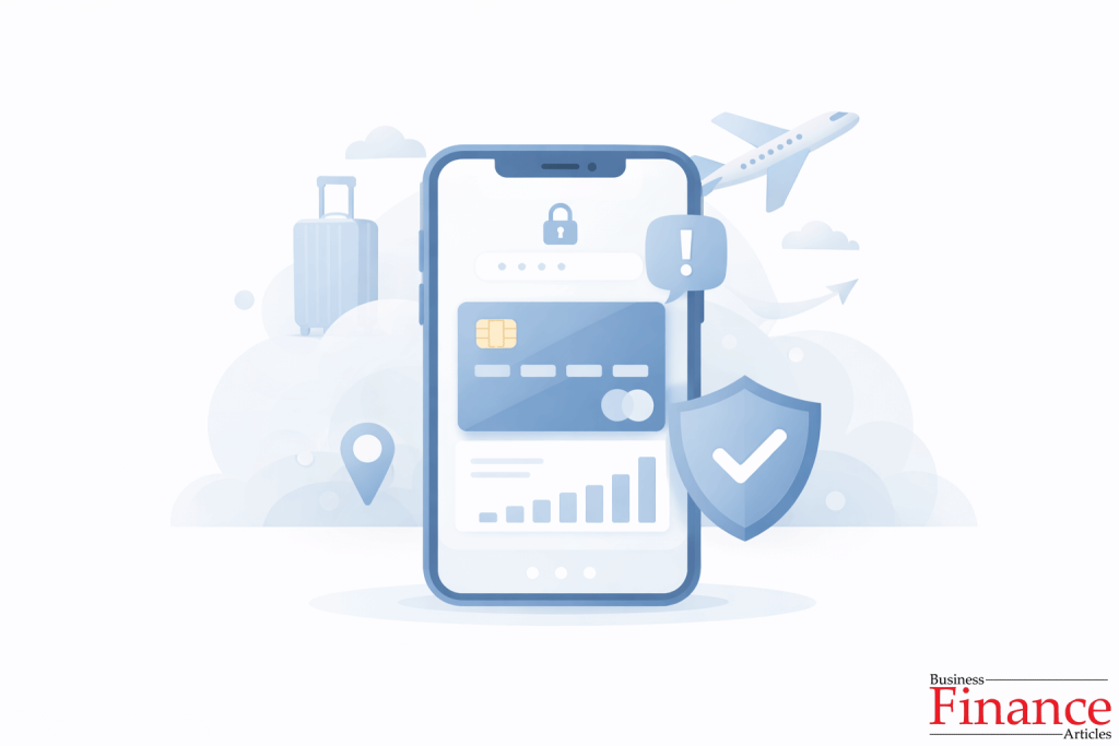 Mobile banking app managing a credit card securely while traveling abroad