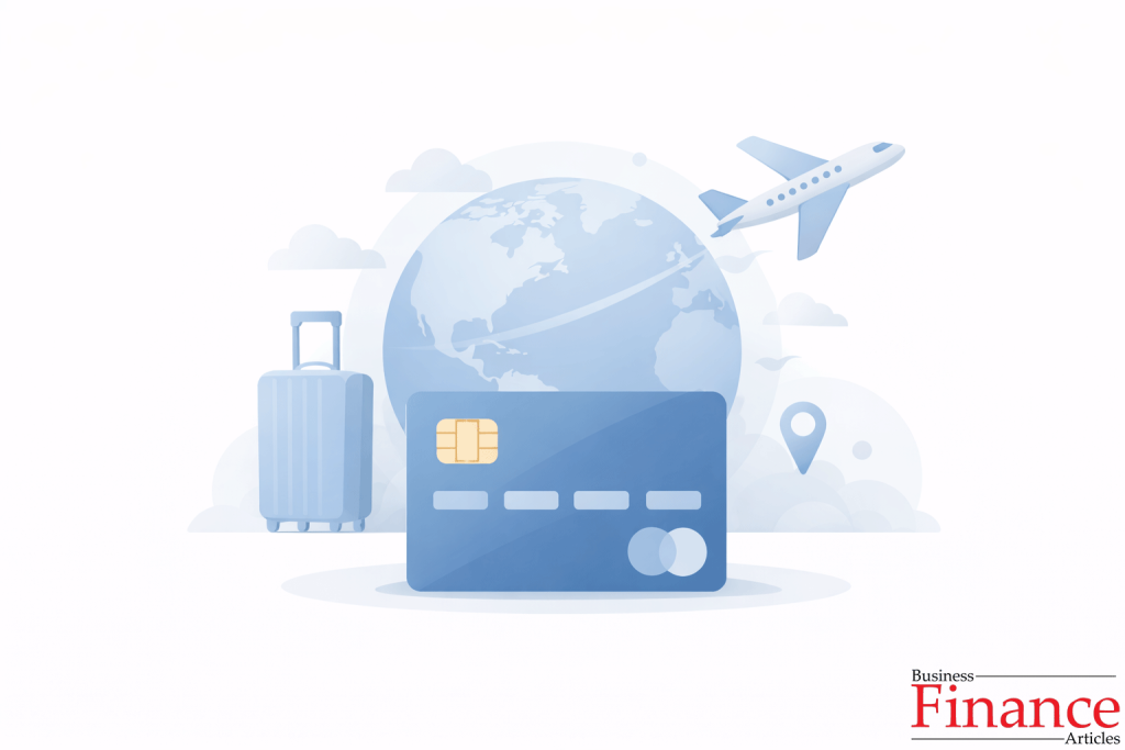 Travel-friendly credit card illustration with globe and airplane icons for overseas use