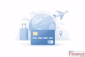 Travel-friendly credit card illustration with globe and airplane icons for overseas use