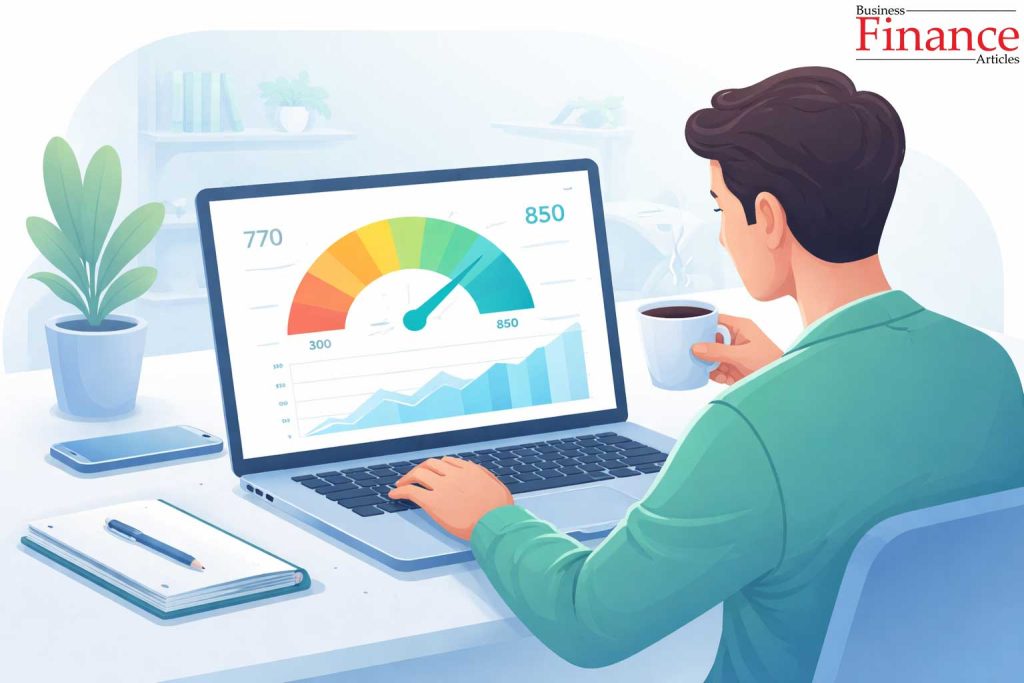 Illustration of person reviewing credit score dashboard with upward trend graph