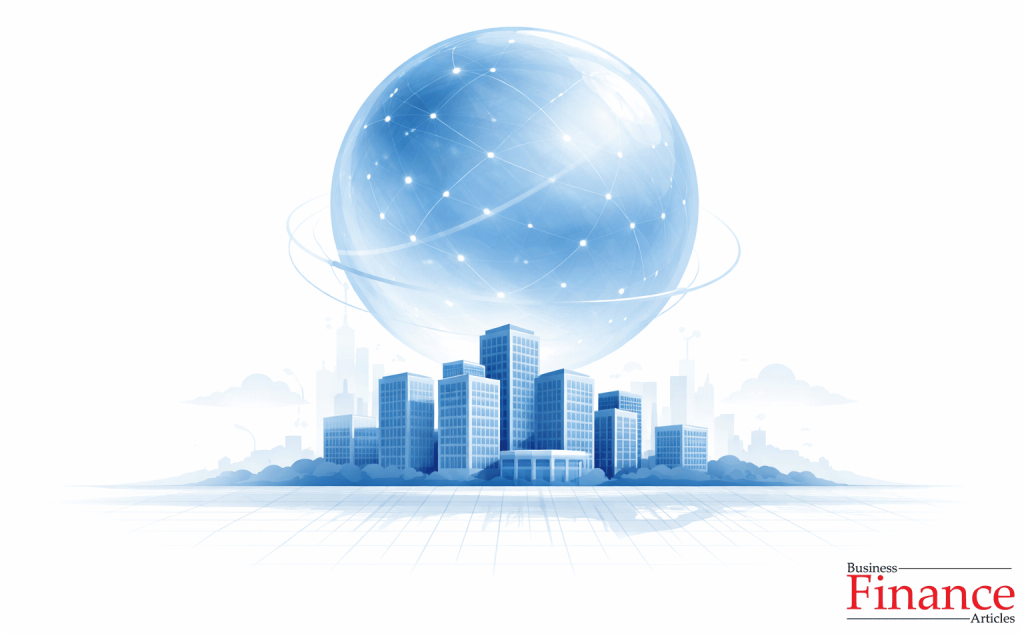 Translucent intangible asset sphere hovering above corporate skyline representing dominance of intangible value in modern markets
