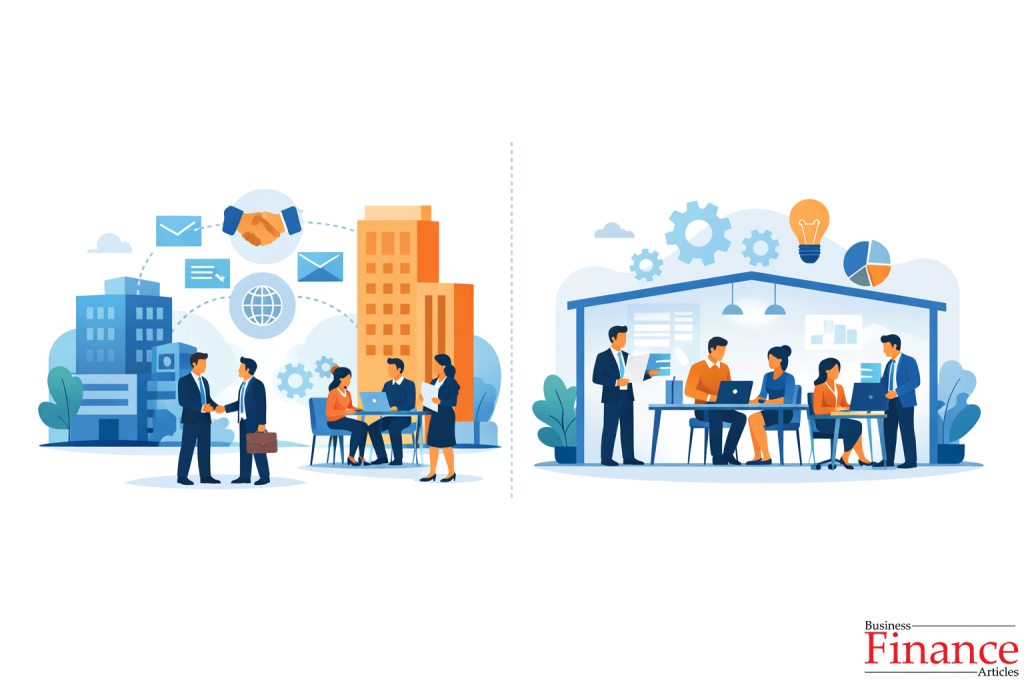 Inter vs intra business communication showing external collaboration between companies and internal team coordination