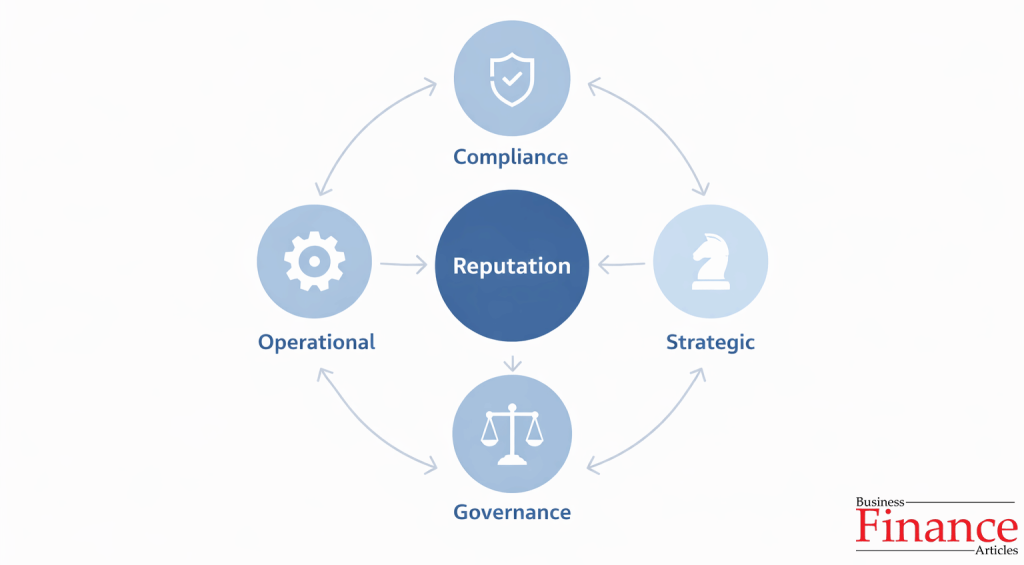 Circular enterprise risk framework diagram with reputation at the center connected to operational, compliance, strategic, and governance elements