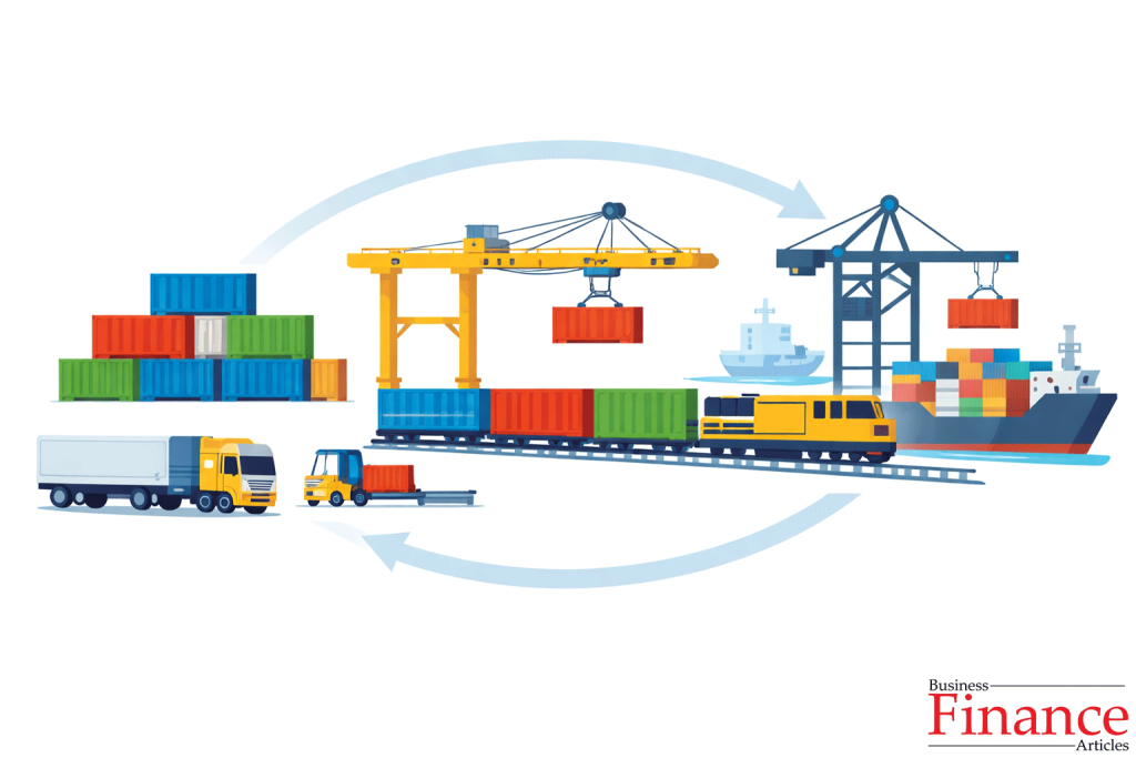 Intermodal rail transport with containers moving between train, truck, and ship