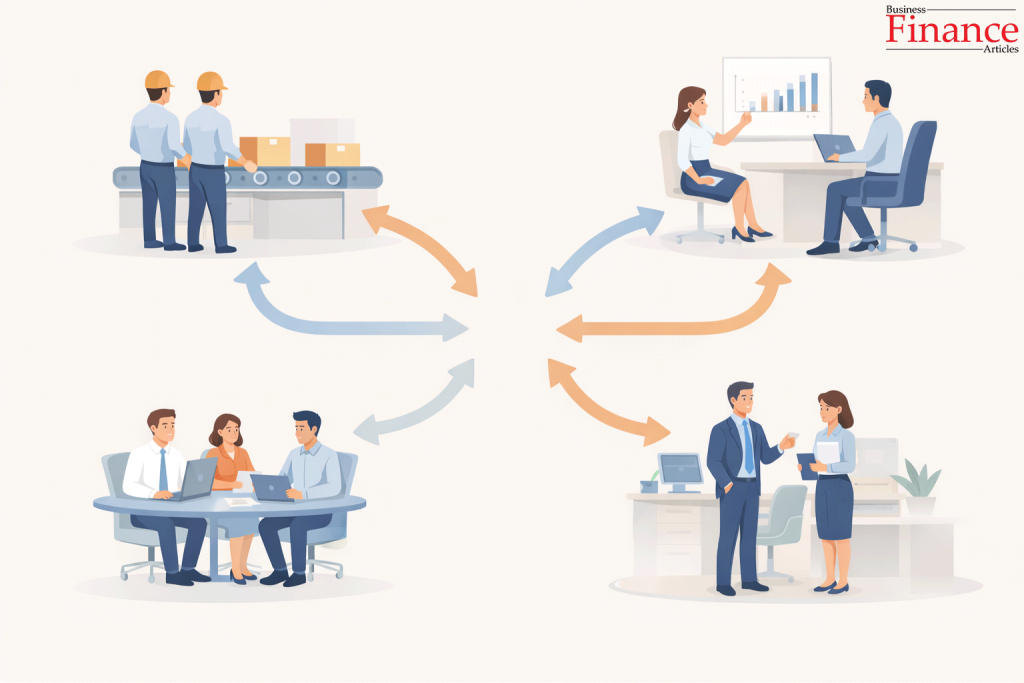Illustration showing different departments within an organization connected through arrows to represent internal coordination
