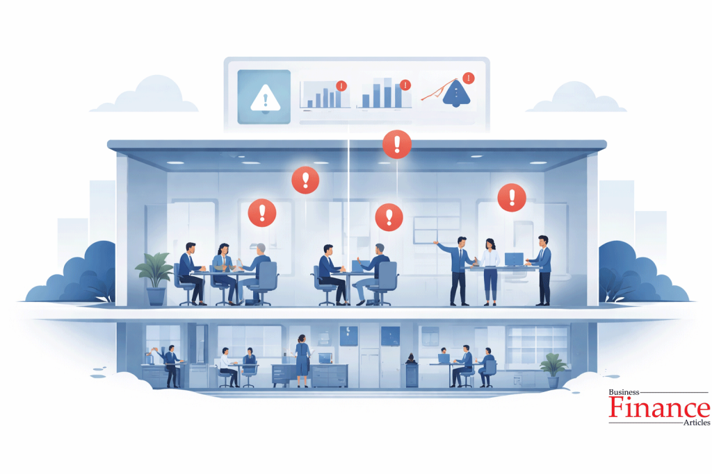Employees inside corporate building sending alert signals to central dashboard representing internal reputational risk detection