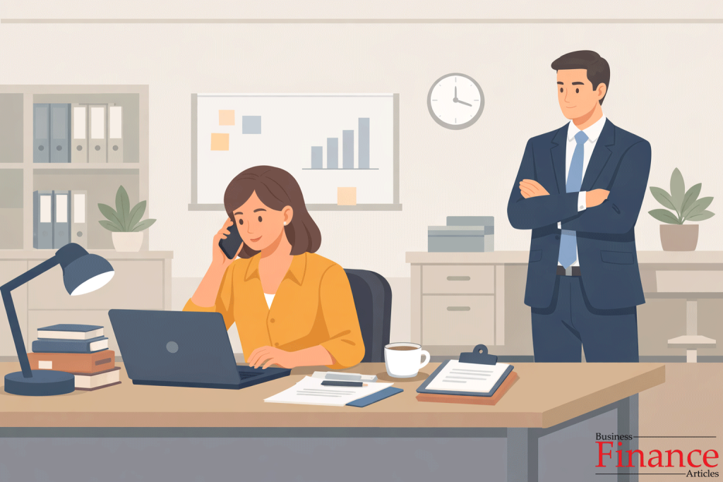 Manager observing an employee confidently handling multiple tasks in a modern office environment