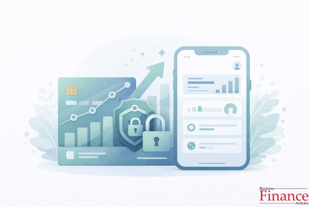 credit-building credit card displayed with mobile app dashboard, secure login shield icon and credit progress indicators in soft blue and muted green tones