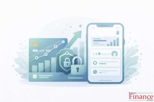 credit-building credit card displayed with mobile app dashboard, secure login shield icon and credit progress indicators in soft blue and muted green tones